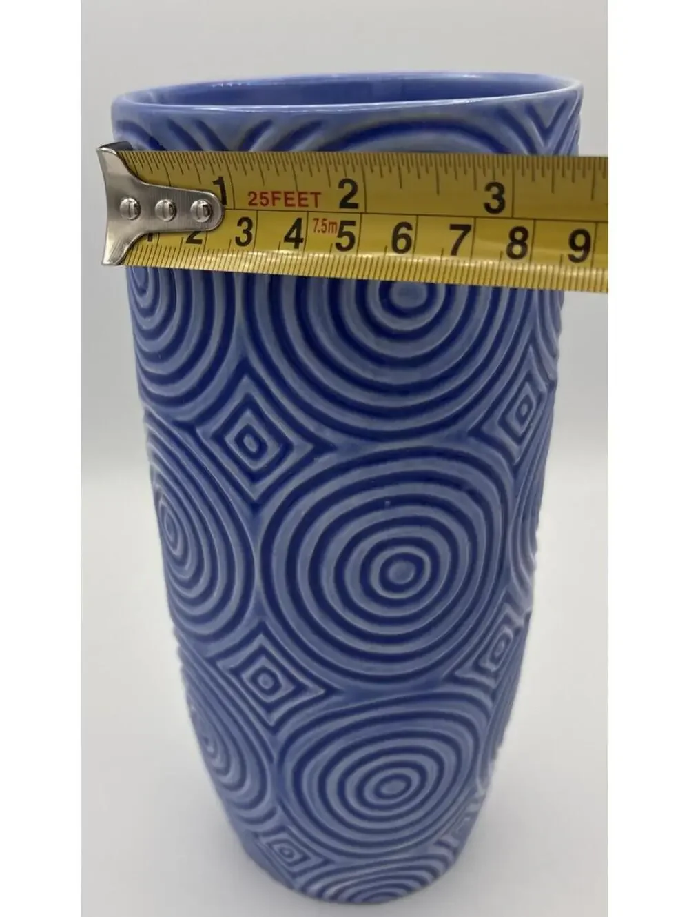 FTD Blue Vase, Ceramic Geometric Circle Design 8.75